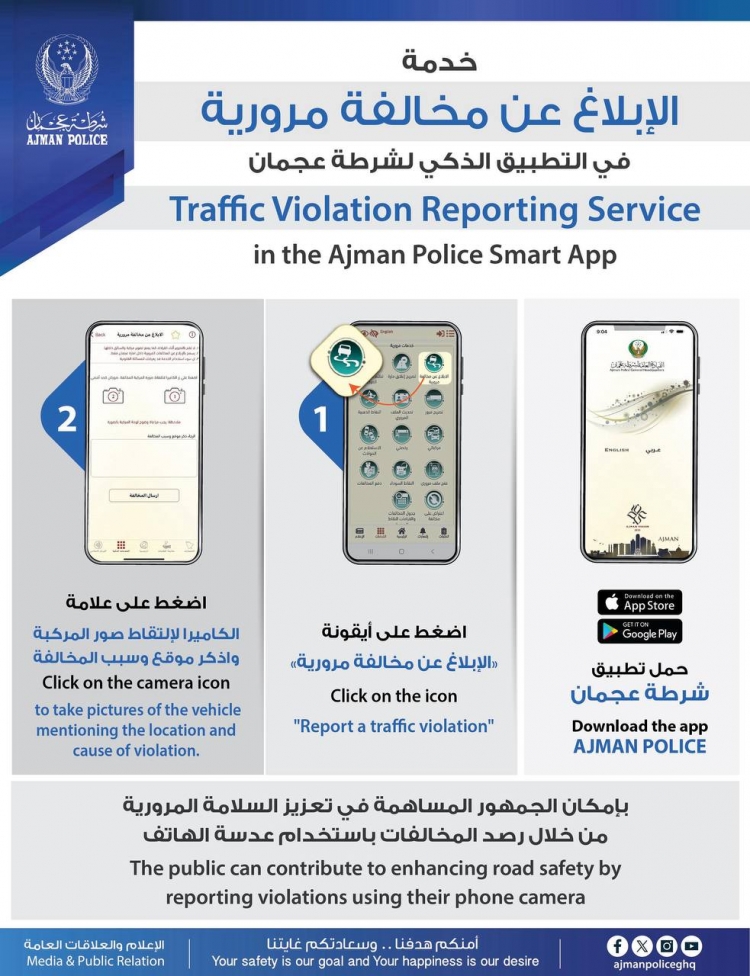 خدمة الإبلاغ عن مخالفة مرورية في التطبيق الذكي لشرطة عجمان