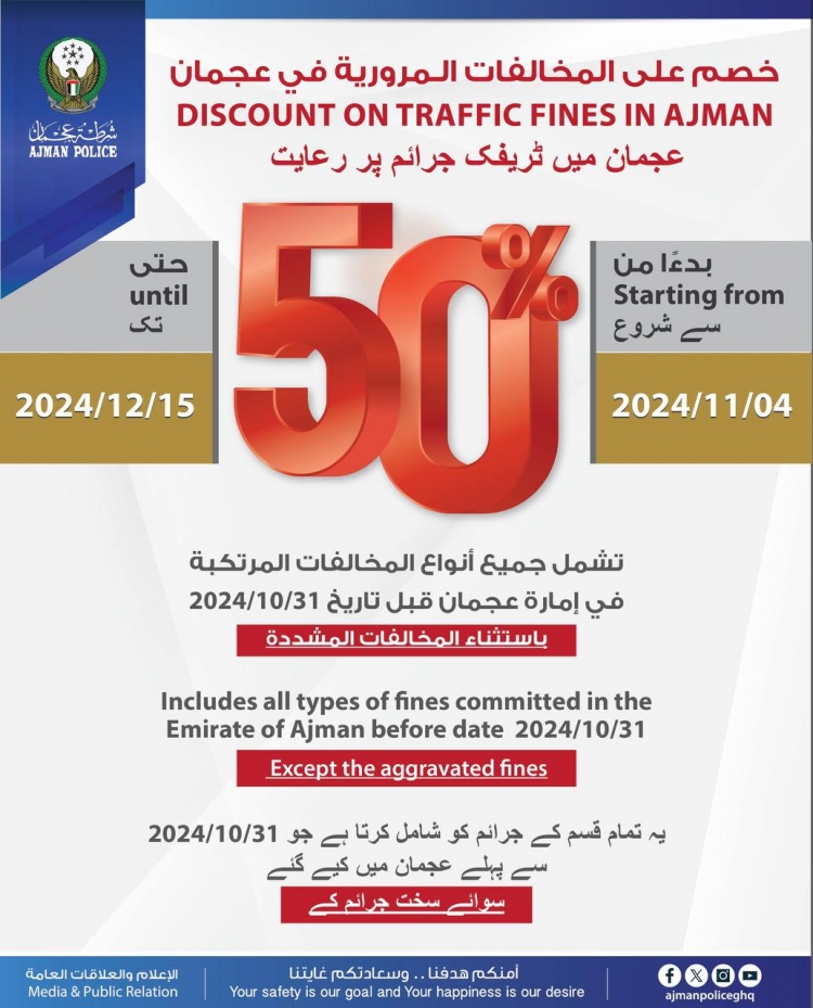 شرطة عجمان تعلن عن تخفيض بنسبة 50% على المخالفات المرورية
