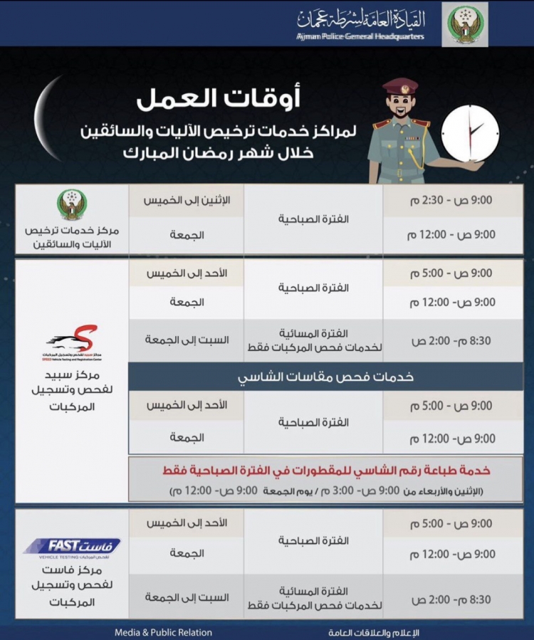 أوقات العمل لمراكز خدمات ترخيص الاليات و السائقين خلال شهر رمضان المبارك