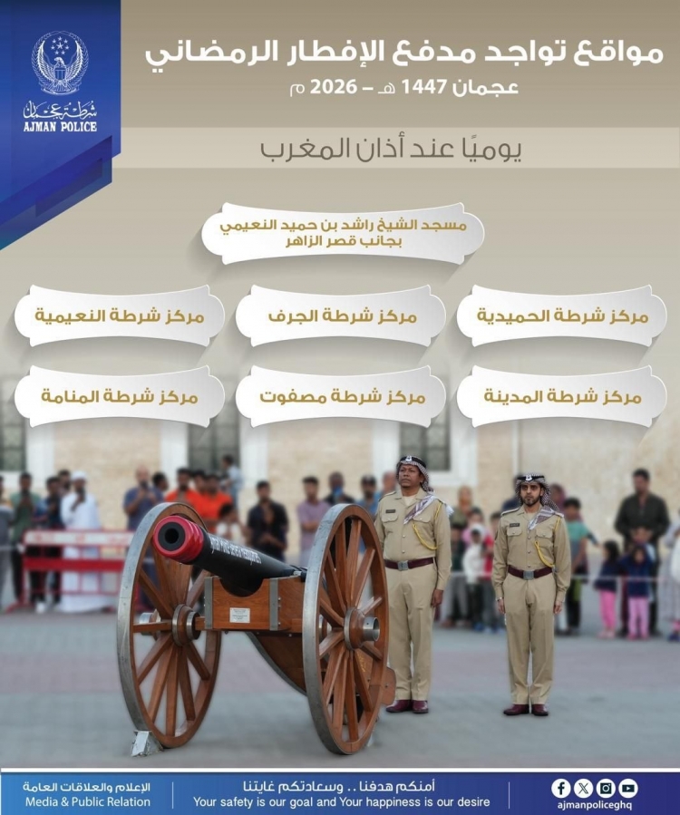 مواقع تواجد مدفع الإفطار الرمضاني عجمان 1447هـ - 2026م يومياً عند أذان المغرب